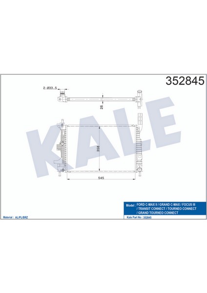 Radyatör Ford Focus Iii 1.5tdci 14 1.6tdci 10 C-Max Ii 1.5tdci 15 Toruneo-Transit Connect 1.5tdci 1 5 1.6tdci 13 Kuga Ii 1.5tdci 16 mt Brazing 545X358X26 Su Radyatörü 13