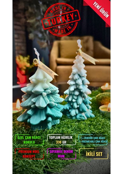 1x Kozalaklı Çam Ağacı 1x Venedik Çam Ağacı Yılbaşı Konsept Özel Çam Kokulu Soya Wax Mum 2'li Set