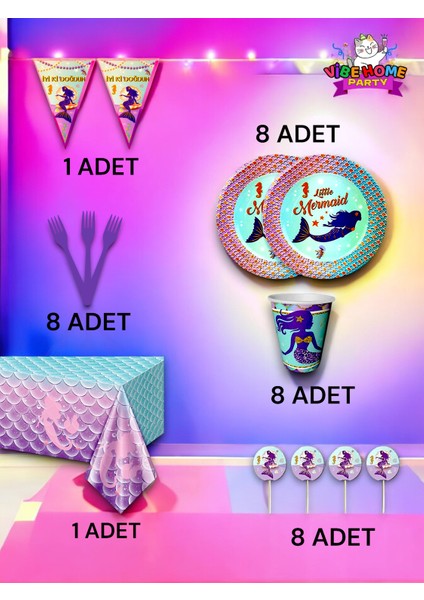 8 Kişilik Deniz Kızı Temalı Premium Set - Doğum Günü Parti ve Eğlenceli Etkinlikler