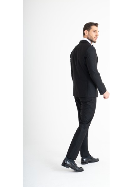 Slim Fit Yelekli Smokin - Siyah