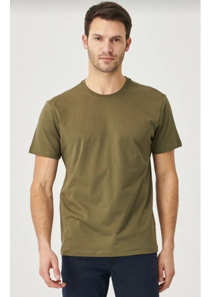 Erkek %100 Pamuk Slim Fit Dar Kesim Bisiklet Yaka Kısa Kollu Haki