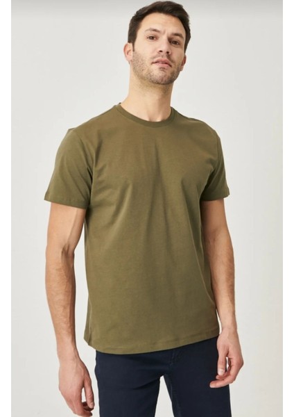 Erkek %100 Pamuk Slim Fit Dar Kesim Bisiklet Yaka Kısa Kollu Haki fiyatları