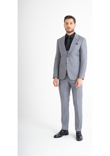 Slim Fit Yelekli Takım Elbise - Gri