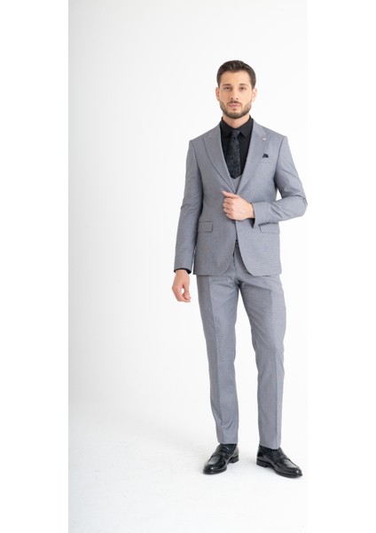 Slim Fit Yelekli Takım Elbise - Gri