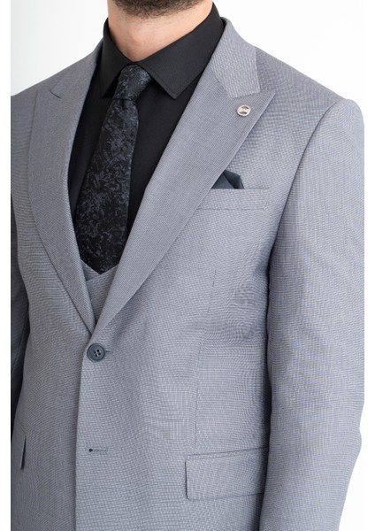 Slim Fit Yelekli Takım Elbise - Gri