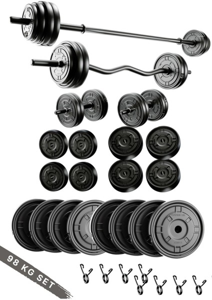 98 kg Siyah Vinyl Halter ve Dambıl Seti, Uzun ve Z-Bar ile Fitness Egzersizleri