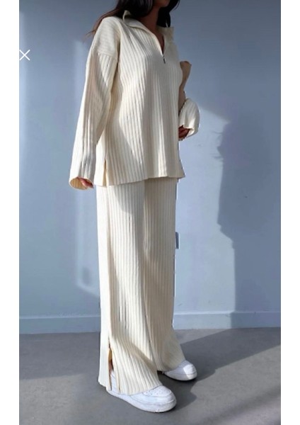 Kadın Fitilli Yaka Fermuarlı Paçası Yırtmaçlı Yanlardan Fermuarlı Triko Takım