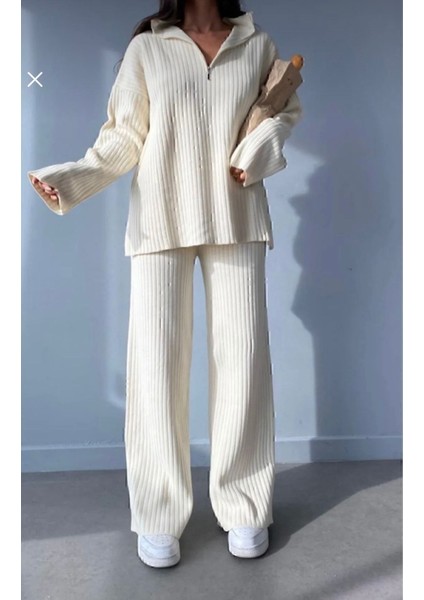 Kadın Fitilli Yaka Fermuarlı Paçası Yırtmaçlı Yanlardan Fermuarlı Triko Takım fiyatları