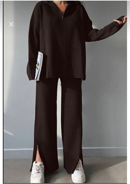 Kadın Fitilli Yaka Fermuarlı Paçası Yırtmaçlı Yanlardan Fermuarlı Triko Takım fiyatları