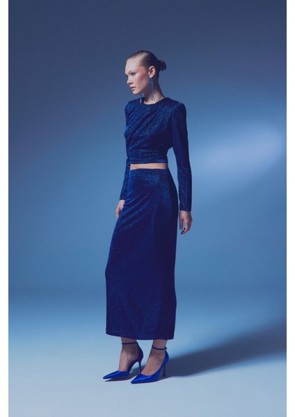 Simli Midi Etek - Sax Mavi