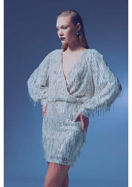 Kruvaze Payetli Bodysuit Bluz - Gümüş modelleri