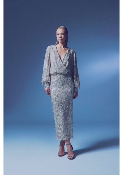 Uzun Payetli Etek - Bej