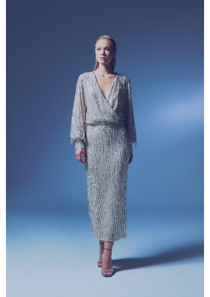 Uzun Payetli Etek - Bej modelleri