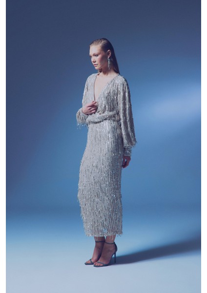 Uzun Payetli Etek - Bej indirimleri