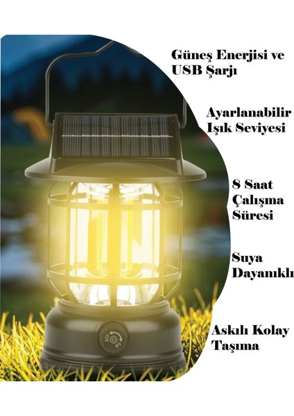 PR-7900 Güneş Enerjili Şarj Edilebilir Kamp Lambası Retro Işığı Ayarlanabilir Işıldak 10W