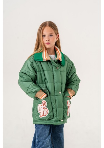 Kız Çocuk Yakası Triko Şişme Mont