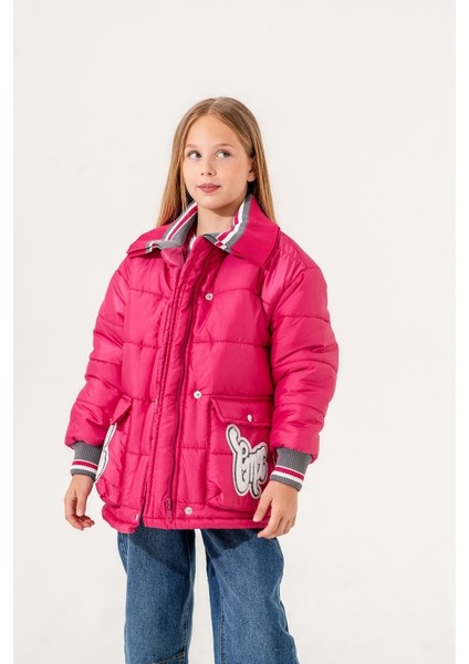 Kız Çocuk Yakası Triko Şişme Mont