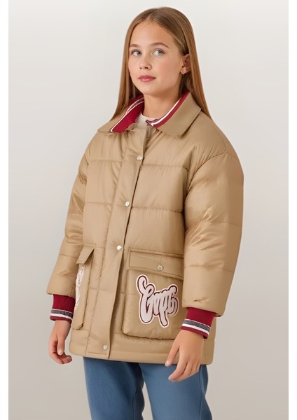 Kız Çocuk Yakası Triko Şişme Mont