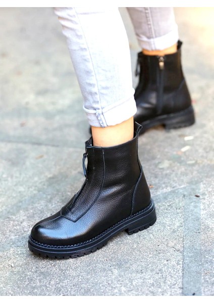 Bakü Gerçek Deri Siyah Fermuarlı Kadın Kauçuk Bot