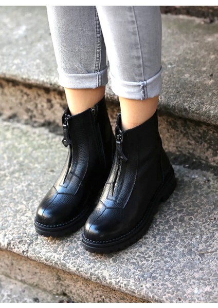 Bakü Gerçek Deri Siyah Fermuarlı Kadın Kauçuk Bot modelleri