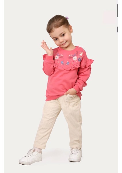 Çiçek Nakışlı Üst Kadife Pantalonlu Bebek Kız Takımı