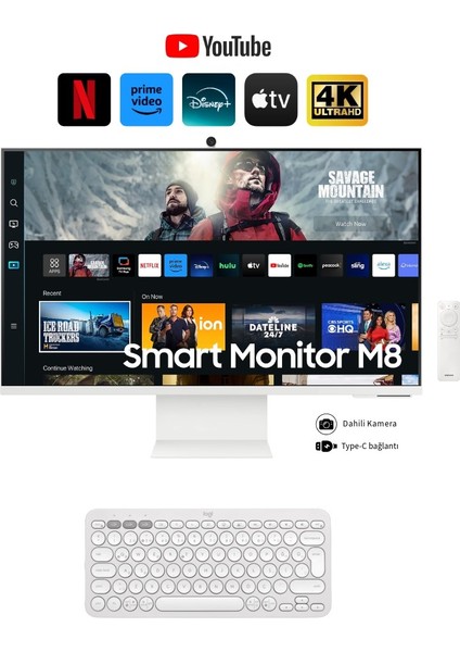 Airplay Desteği Apple-Android Kablosuz Bağlantı 32 Inç 4K Akıllı-Smart Monitör Tv M8 M80C Beyaz Slim Tasarım Premium Gövde+ Logitech Kablosuz Klavye