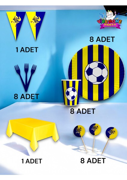 8 Kişilik Sarı Lacivert Taraftar Premium Set - Doğum Günü Parti ve Eğlenceli Etkinlikler