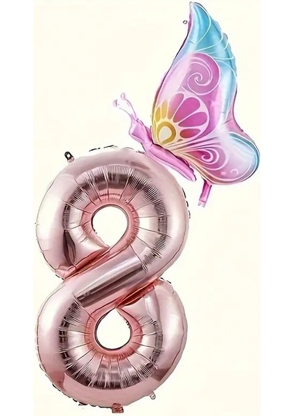 Kelebekl Rose Goldi Rakam Folyo Balon Set
