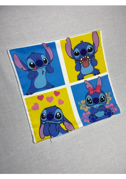 Stitch Desenli Sevimli Dekoratif Dijital Baskılı Kırlent Kılıfı ve Yastık