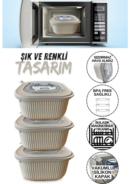 3'lü Saklama Kabı Mikrodalga Uyumlu Vakumlu Silikon Kapaklı 1800 ml Hava Geçirmez Saklama Kabı