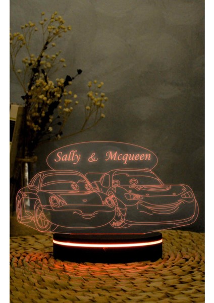 Sally Ve Mcqueen - Cars -Arabalar - 3 Boyutlu Led Lamba 16 Renk Dekoratif Anime Gece Lambası 3d