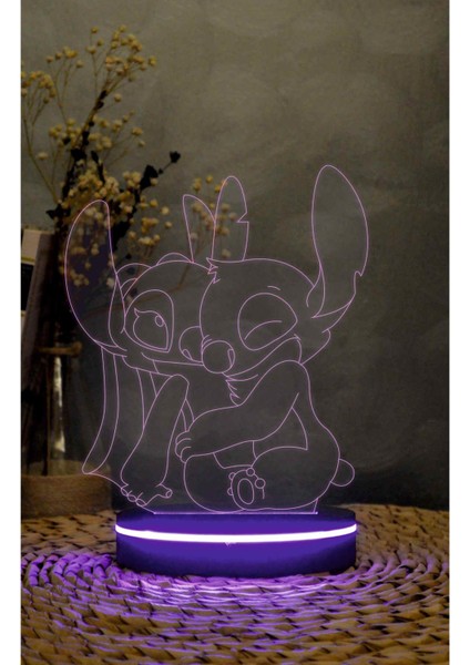 Stitch Ve Angel - Lilo Ve Stitch - 3 Boyutlu Led Lamba 16 Renk Dekoratif Anime Gece Lambası 3d
