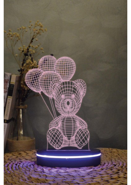 4 Balonlu Ayı - 3 Boyutlu Dekoratif Gece Lambası 3d