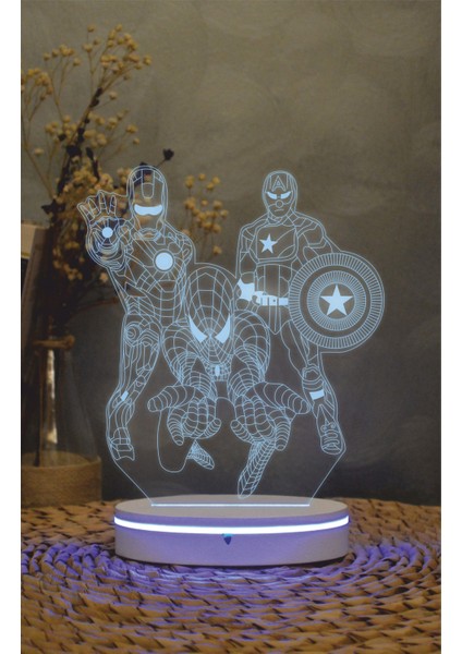 Captan Amerika, Spiderman, Iron Man, Marvel - 3 Boyutlu Led Lamba 16 Renk Dekoratif Gece Lambası 3d
