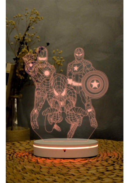 Captan Amerika, Spiderman, Iron Man, Marvel - 3 Boyutlu Led Lamba 16 Renk Dekoratif Gece Lambası 3d