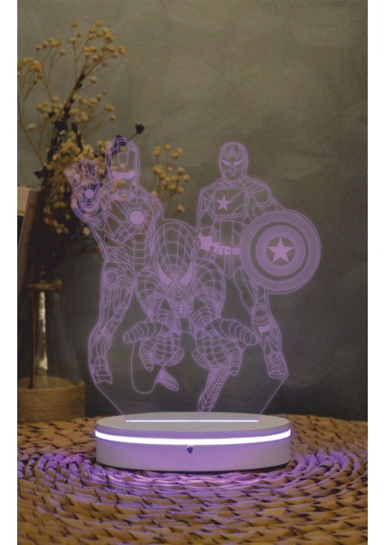 Captan Amerika, Spiderman, Iron Man, Marvel - 3 Boyutlu Led Lamba 16 Renk Dekoratif Gece Lambası 3d