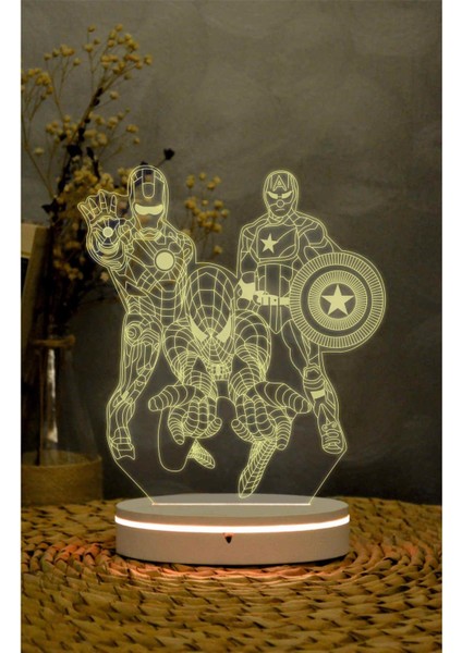 Captan Amerika, Spiderman, Iron Man, Marvel - 3 Boyutlu Led Lamba 16 Renk Dekoratif Gece Lambası 3d