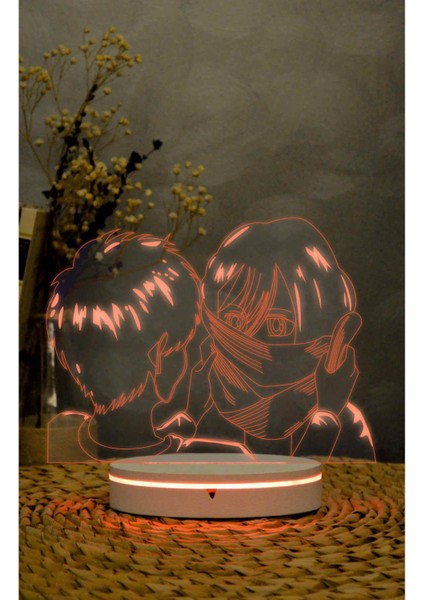Mikasa, Eren, Attack On Titan - 3 Boyutlu Led Lamba 16 Renk Dekoratif Anime Gece Lambası 3d