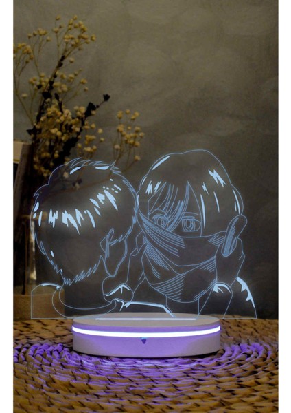Mikasa, Eren, Attack On Titan - 3 Boyutlu Led Lamba 16 Renk Dekoratif Anime Gece Lambası 3d