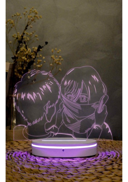 Mikasa, Eren, Attack On Titan - 3 Boyutlu Led Lamba 16 Renk Dekoratif Anime Gece Lambası 3d