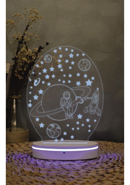 Satürn Ve Astronot Figürlü - 3 Boyutlu Led Lamba 16 Renk Dekoratif Anime Gece Lambası 3d