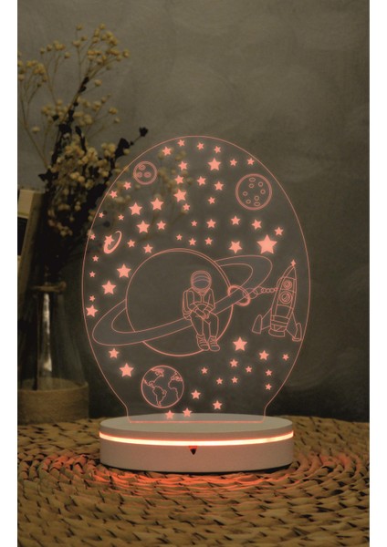 Satürn Ve Astronot Figürlü - 3 Boyutlu Led Lamba 16 Renk Dekoratif Anime Gece Lambası 3d
