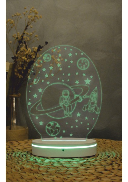 Satürn Ve Astronot Figürlü - 3 Boyutlu Led Lamba 16 Renk Dekoratif Anime Gece Lambası 3d