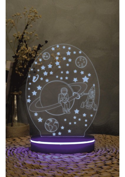 Satürn Ve Astronot Figürlü - 3 Boyutlu Led Lamba 16 Renk Dekoratif Anime Gece Lambası 3d