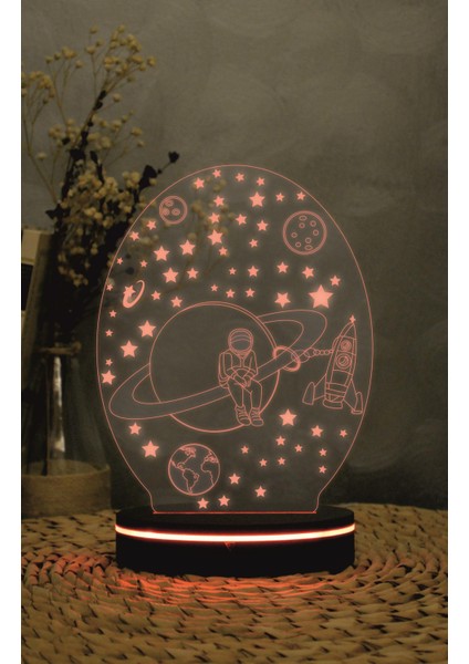 Satürn Ve Astronot Figürlü - 3 Boyutlu Led Lamba 16 Renk Dekoratif Anime Gece Lambası 3d
