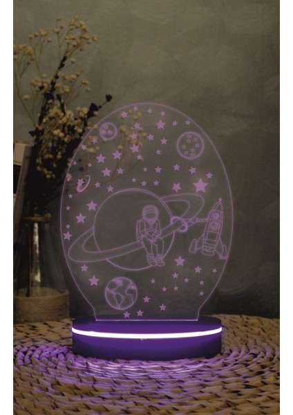 Satürn Ve Astronot Figürlü - 3 Boyutlu Led Lamba 16 Renk Dekoratif Anime Gece Lambası 3d
