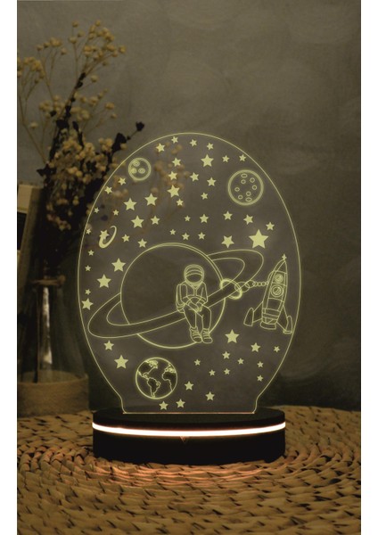 Satürn Ve Astronot Figürlü - 3 Boyutlu Led Lamba 16 Renk Dekoratif Anime Gece Lambası 3d