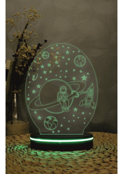 Satürn Ve Astronot Figürlü - 3 Boyutlu Led Lamba 16 Renk Dekoratif Anime Gece Lambası 3d