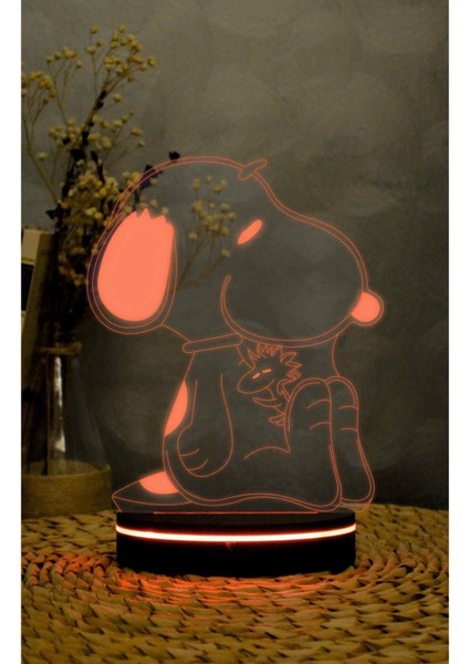Snoopy Ve Woodstock - 3 Boyutlu Led Lamba 16 Renk Dekoratif Anime Gece Lambası 3d