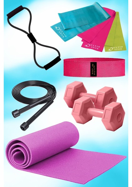 Pembe Pilates Seti: Minder, Direnç Lastiği, Squat Band, Dambıl, Atlama İpi, Kelebek Lastik